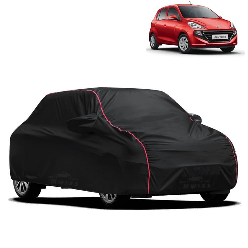 Image of Waterproof Car Cover for Hyundai Santro | All-Weather Protection, Dustproof & UV Resistant | Triple Stitched Mirror Pockets, Windproof Buckle Strap with Elastic Hem, Black-Red Piping