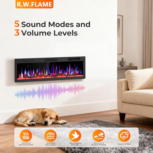 Image of R.W.FLAME 60 inch Recessed and Wall Mounted Smart Electric Fireplace, Alexa /WiFi Enabled, APP Control with Multiple Sound Modes, Remote Control with Timer, Adjustable Flame Colors and Speed