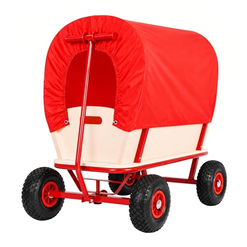 MONZANA Bollerwagen Holz bis 180 kg mit Dach Luftreifen Stabil Robust Stahl Allround Handwagen Gartenwagen Strandwagen Leiterwagen Transportwagen Rot