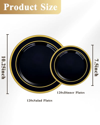 Image of Goodluck 200 PCS Black Plastic Plates with Gold Rim, Heavy Duty Disposable Black Plates with 100 10.25 inch Dinner Plates and 100 7.5 inch Dessert Plates for Party, Holiday, Wedding