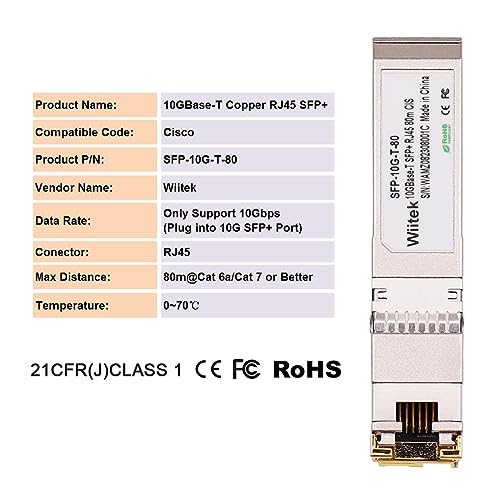 Image of 80 Meters, 10Gbps SFP+ to RJ45 Modules, 2.5G /5G /10GBase-T Ethernet RJ45 to SFP+ Transceiver, Compatible for Cisco SFP-10G-T-X, Ubiquiti, Netgear, Mikrotik, Unifi and More
