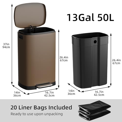 Image of KUK 13 Gallon Kitchen Trash Can with Lid, 50L /13Gal Office Step Garbage Can for Home, Kitchen, Laundry Room, Office, Brushed Stainless Steel, Brown