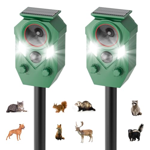 2-Pack Solar Powered Ultrasonic Animal Repeller, Outdoor Waterproof Motion-Activated Sensor with...