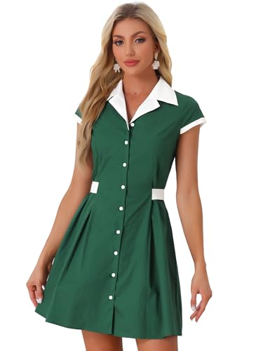 Image of Allegra K Women's Vintage Button Down Shirt Dress Notch Lapel Short Sleeve Belted Office Mini Short Dresses