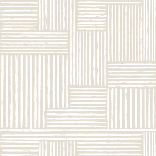 VEELIKE Papel Pintado Geométrico Minimalista Beige Blanco Papel Pintado Pared Geometrico Líneas Rectas Abstractas Bohemio Fotomurales Decorativos Pared Salón Dormitorio Extraíble 44.5 cm × 300 cm