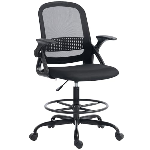 Image of HOMCOM Drafting Chair, Tall Office Desk Chair with Flip-up Armrests, Adjustable Height and Footrest, Lumbar Support for Standing Desk, Home Office Use, Black
