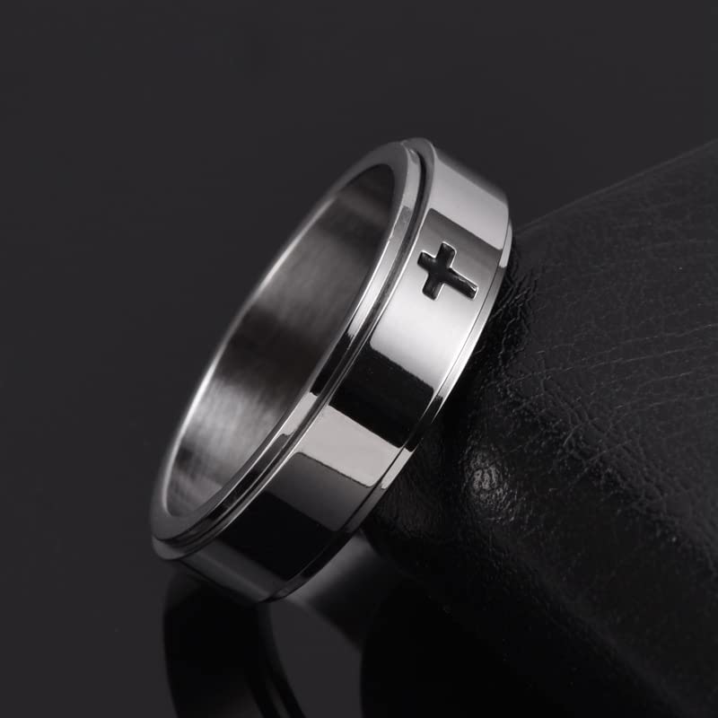 Fuqimanman2020 6mm Stainless Steel Cross Spinner Band Ring Stress Relief Christian Jesus Christ Lord Prayer Rotating Fidget for Men Women Anxiety Religious Engagement Wedding Jewelry3