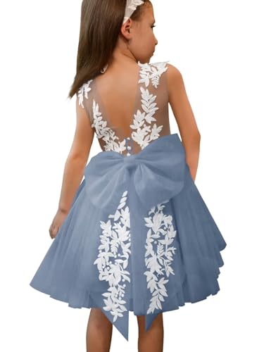 Lace Applique Flower Girl Dress for Wedding Tulle Bow Knot Ball Gowns Sleeveless V-Back Princess Birthday Short Dress