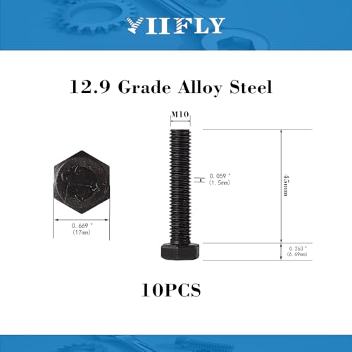 Image of M10x1.5 x 45mm Hex Head Screws Bolts, 12.9 Grade Alloy Steel, Hexagon Head Bolts, Black Oxide Finish, Full Thread, Quantity 10