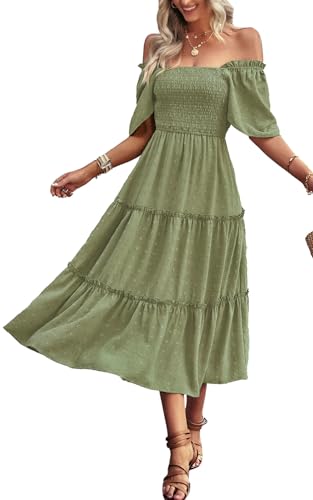 Women's Casual Summer Dress 2025 Square Neck Flutter Sleeve Smocked Tiered Midi Dress Swiss Dot Boho Flowy Dresses3