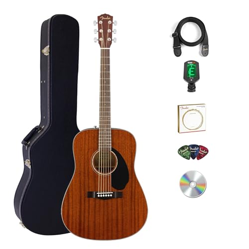 Fender CD-60S Solid Top Dreadnought Acoustic Guitar - All Mahogany Bundle with Hard Case, Tuner, Strap, Strings, Picks, and Aust
