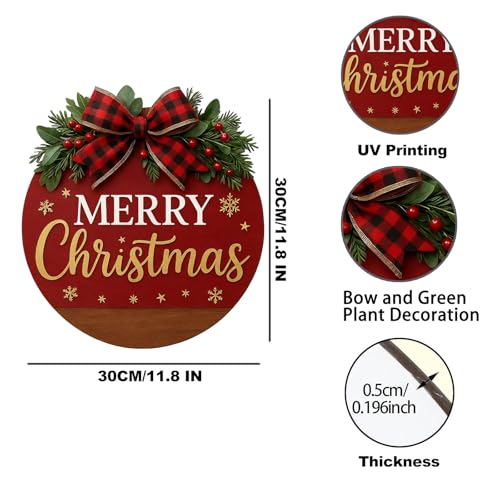 Image of Merry Christmas Wreaths for Front Door - Welcome Door Hanger Sign with Bow, Greenery & Red Berries, for Holiday Rustic Farmhouse Outdoor Wall Windows Decor (Merry Christmas Wreaths)