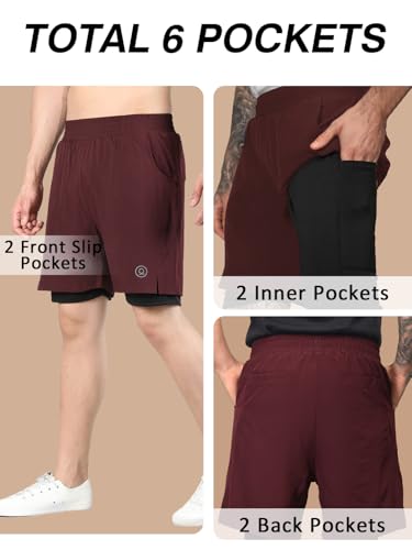 Image of CHKOKKO Double Layered Gym Shorts for Men Workout | Compression Inner Layer with Pockets Across Inner Outer and Back | Dry Fit Sports Athletic wear for Running Jogging or Training