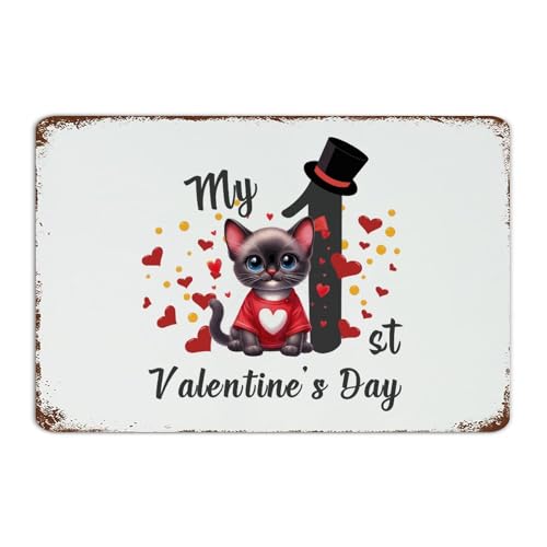 Letrero de metal vintage con texto en inglés "Dog Cat My 1st Valentine's Day Room Decor for Men Tin Signs for Coffee Bar Dorm Business Fiancée Art Poster Gift for Yard 8x12"
