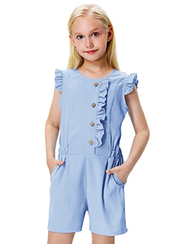 Kids Summer Solid Romper Girls Fly Sleeve Elastic Waist Outfits Back To School Clothing Light Blue 9-10 Years #TOP2