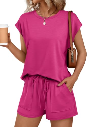 Image of AUTOMET Womens Crew Neck Two Piece Short Sets Cap Sleeve Drawstring Summer Sweatsuit with Pocket