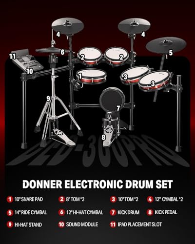 Donner Electric Drum Set DED-300 Pro, Electronic Drum Kit Adult, Professional Full Size 6-Drum & 3-Cymbal Setup, 12'' Single-Zone Hi-hat with Stand, 1100+ Professional Tones, Gifts for Men Him Teens - image 8