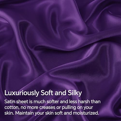 BEDELITE Satin Fitted Sheet and Pillowcases Set, Luxury Soft Similar to Silk Bottom Bedsheet with Elastic Corner Straps, Deep Pocket up to 15 Inch, 1 Fitted Sheet and 2 Pillowcases(Queen, Plum Purple)