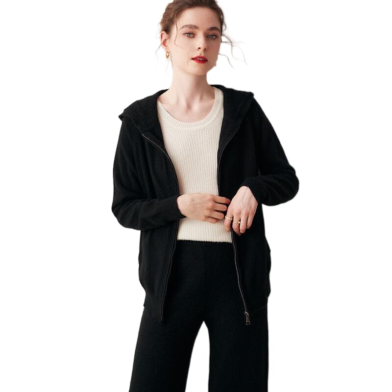 Image of Women's Fall and Winter 100% Cashmere Zipper Open Long Sleeve Hoodie