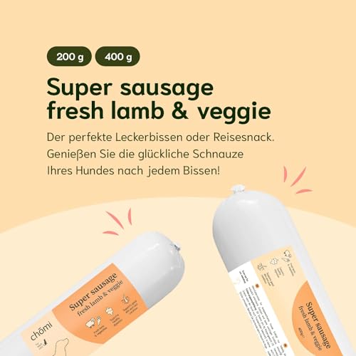 Chōmi Dog Super Sausage Fresh Lamb & Veggie 8-er Pack | (200g x 8) | Nassfutter Für Hunde | Lammwurst für Hunde | Erwachsene | Getreide- und konservierungsmittelfrei | Mit Meeresalgen | Barf