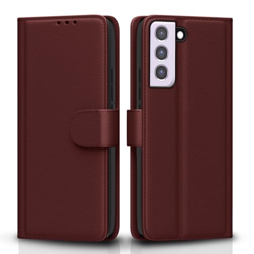 Image of Amazon Basics Flip Cover for Samsung Galaxy S21 FE 5G Leather Finish | Wallet Stand and Shock Proof | Inside TPU with Card Pockets | Complete Protection Flip Case (Brown)