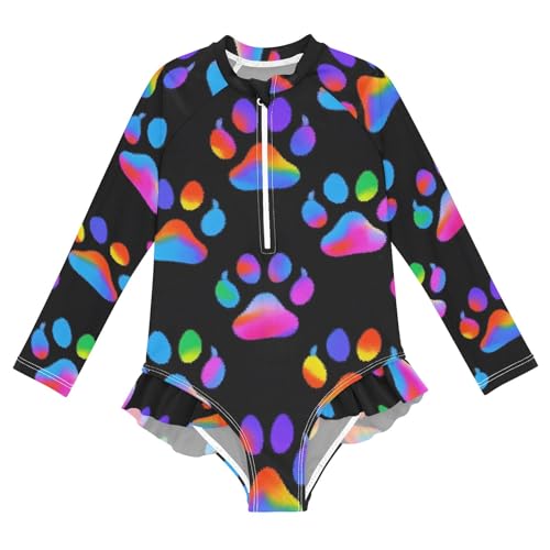 ALAZA Swimsuit for Girls Long Sleeve Rashguard Bathing Suit Neon Dog Paw Quick Dry 4T