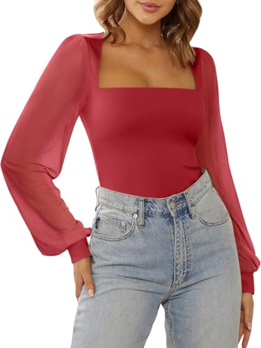 Image of PINKMSTYLE Women's Square Neck Double Lined Mesh Long Sleeve Bodysuits | Sheer Puff Sleeve Body Suit,Slim fit Trendy Going Out Tops,Concert Outfit