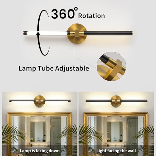 Image of 2026 Upgrade Black Brushed Gold Vanity Light, 18W Brighter 24 inch Gold Bathroom Light Fixtures Linear Modern LED Bathroom Lights Vanity Lighting Fixtures Over Mirror Light Bar, 360 Rotable 4000K CRI 90+