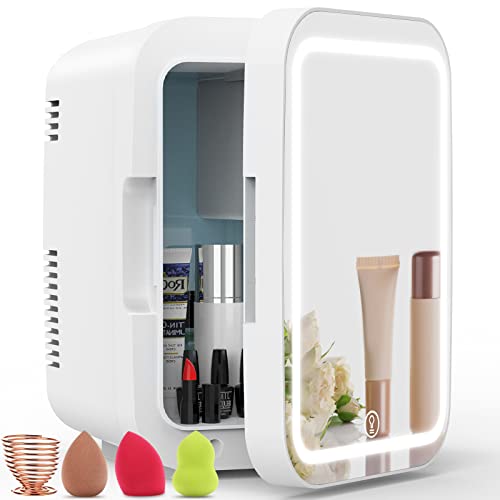 COOSEON Mini Fridge, 4 Liter/6 Can LED Mirror Beauty Fridge with Makeup Sponge Set, AC/DC Portable Thermoelectric Cooler and Warmer Refrigerators for Skin Care, Makeup, Bedroom, Room, Car (White)