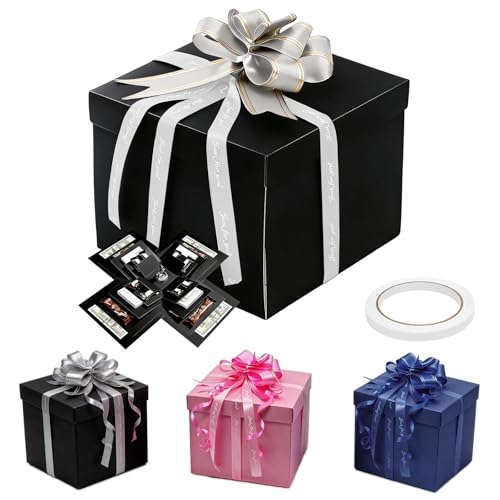DIYCUT Kreatives Explosionsbox Geburtstag Überraschung Box 5 Ebenen Explosions Geschenkbox mit Seidenband Sticker Schleifen für Geburtstag Jubiläum Valentinstag(Schwarz)