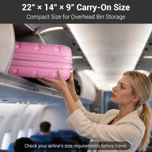 Image of Kono Airline Approved Suitcase Set 2 Pieces, Pink | 22x14x9 Lightweight PP shell Smooth 360 Spinner Wheels with TSA lock for Short Trips