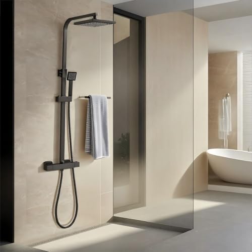Columna de Ducha Termostática STANEW, Conjunto de Ducha, Cuarto de Baño, Columna de Ducha, Termostato con Mezclador Ajustable en Altura Sistema de Ducha (Negro)