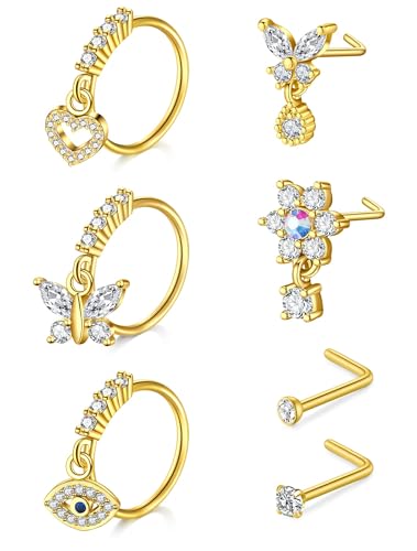 Anicina Dangle Nose Rings Hoop for Women Gold Nose Piercings Studs Nose Piercing Jewelry 20g Gauge Nose Rings Studs Surgical Stainless Steel L Shaped Cute Butterfly