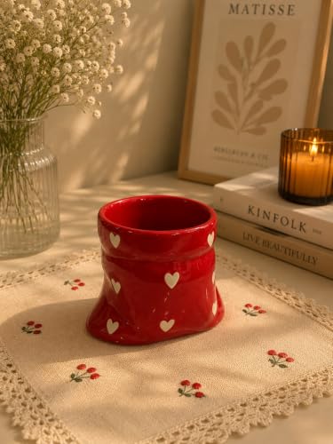 Image of Handmade Red Heart Print Ceramic Pouch Coffee Mug - Aesthetic Red Pottery Style Tea Cup for Coffee, Milk & Espresso | Cute Designer Handmade Ceramic Mug for Women, Girls, Home, Office & Cafe