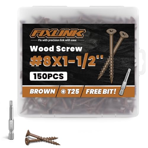 Image of Wood Screws 1-1 /2 Inch, FIXLINK Deck Screws #8 x 1-1 /2 inch, 150 PCS, Epoxy Coated, T25 Star Bit Above 1500 Hour Salt Spray Coating Outdoor Decking Screws Excellent Rust Resistant for Wood Fence, Brown