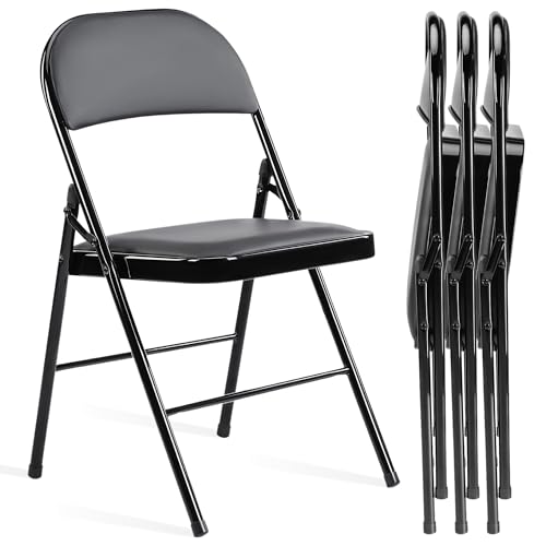 Alpen Folding Chairs 4 Pack, Easy to Use & Store for Home Office Party Indoor Outdoor, Leather Padded with Sturdy Metal Frame, Black