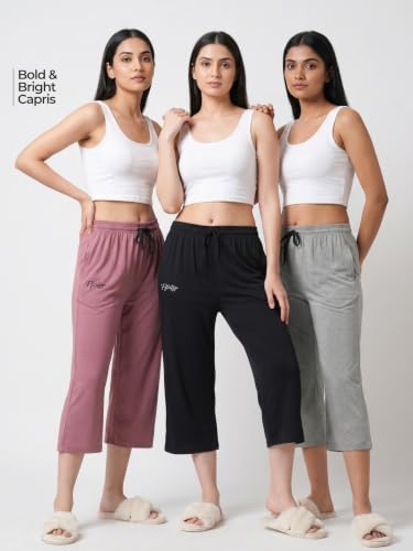 Image of Fflirtygo Women's Cotton Plain Calf Length Capri | Nightwear Pajama | 3 /4th Solid Pyjama Pant | Black Navy and Lavender Lounge Pants | Casual wear & Lounge Wear Capri Combo (Pack of 3)