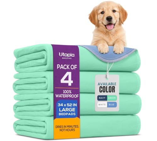 Image of 4 Pack Washable Pee Pads for Dogs 34 inch x 52 inch, Waterproof Dog Training Pads | Reusable Dog Training Pads for Sofa, Incontinence Bed Pads for Adults, Elderly and Kids (Green,Blue) by Utopia Bedding