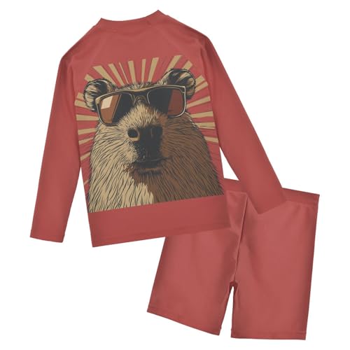 Sunglass Bear Toddler Swimsuit Boy 3T Long Sleeve Swimming Shirt Outfit Set with Swim Trunks, 2 Piece2