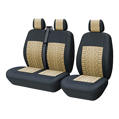 TOYOUN Juego de Fundas de Asientos para Furgonetas y Camiones de 1 + 2 plazas, Fundas Asientos Coche Universales,Poliéster Protector Cubre Asiento Coche Delantero Accesorios de Automóvil,Negro y Beige