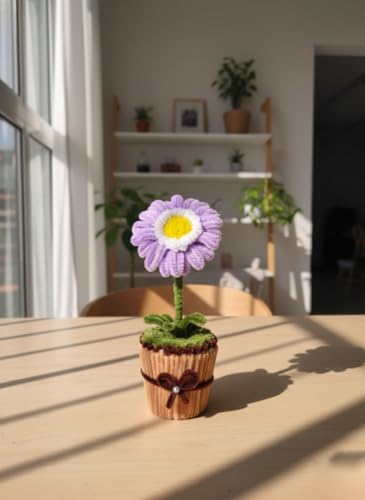 Image of Handmade Artificial Flower Pot for Home Decor | Cute Fuzzy Wire Pipe Cleaner Flower Plant | Aesthetic Tabletop Decorative Pot for Home, Office & Gifting (Soft Bloom :- White - Purple)