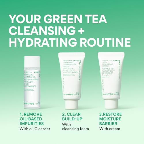 innisfree Mini Double Cleanse + Hydrate Green Tea Trio, Korean Skincare Set with Cleansing Oil, Cleansing Foam, and Green Tea Cream for All Skin Types