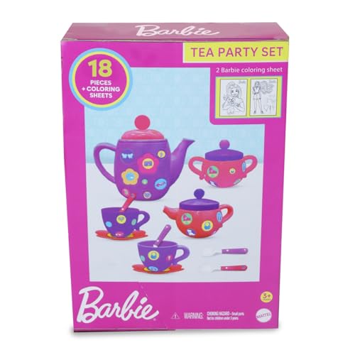 Image of Barbie Tea Party Set by GENIE'S TOY BUS for Kids | Tea Party Set Including Cups, Saucers,Tea Pot,Sugar Bowl, 2 Color Sheet, etc | Kitchen Toy Gift for Toddler Kids Girls 3 Yrs+ | ( Purple Color )