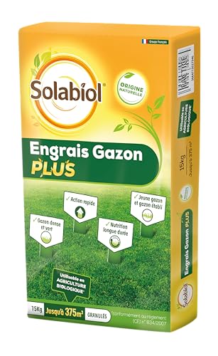 SOLABIOL Engrais Gazon Plus - 15 kg - Granulés - Jusqu'à375m² - Nutrition Longue Durée - Gazon Dense & Vert - Action Rapide - Utilisable En Agriculture Biologique SOGAZPLUS15