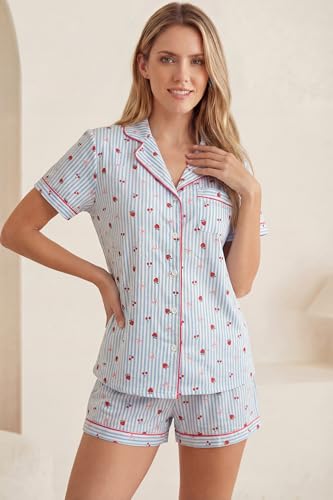 Image of LUBOT 100% Cotton Pajamas for Women 2 Piece PJ Set Poplin Woven Lightweight Ladies Button Short Sleeve Sleepwear S-XXL