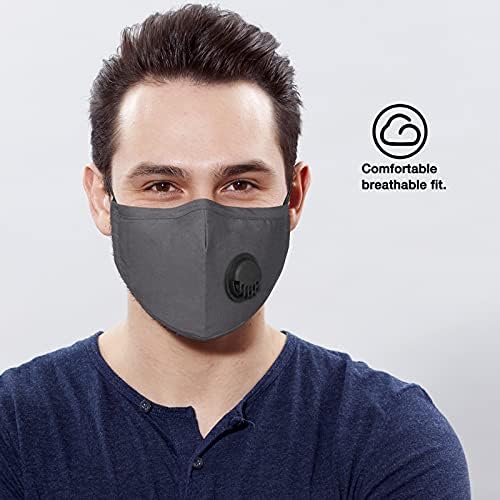 NUÜR Washable Face Mask, 3 Layer Design, Air Valve and Adjustable Ear Loops and Nose Clip, Reusable, Soft, Breathable for Everyday Public Use, 2 Free Filters in 5 layers, Grey