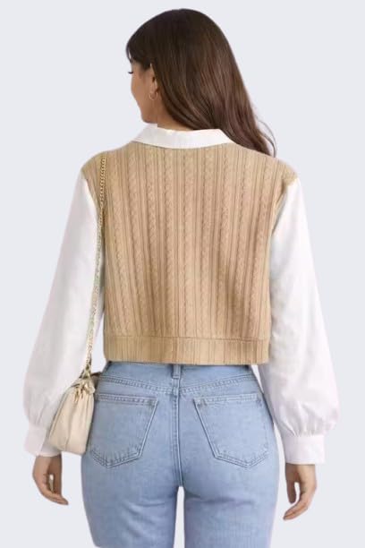 Image of Regular Fit Collared Knit Top for Women, Long Sleeve Casual T-Shirt, Black and White, Rib-Knit Material, Korean Trendy Style