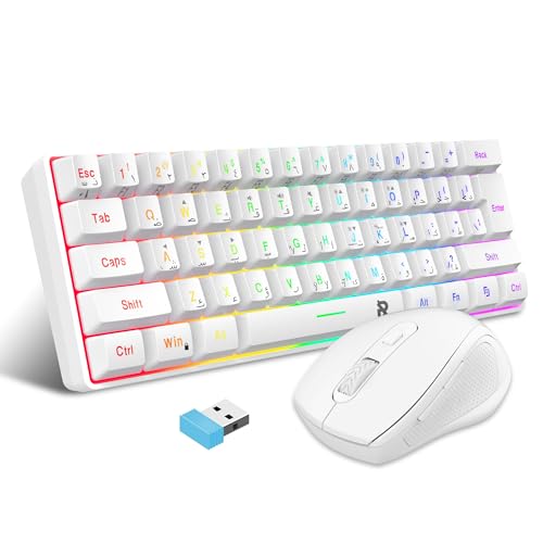 ROCK POW Arabic English 2.4G Wireless Gaming Keyboard and Mouse Combo Include Small 60% Merchanical Feel Keyboard Ergonomic Design Mini Wireless Mouse White Combo