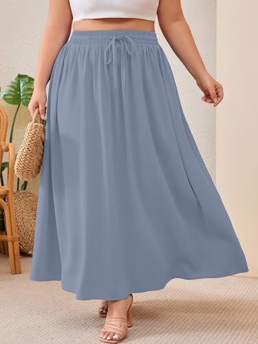 AusLook Plus Size Maxi Skirt for Women High Waisted Elastic Waist Flowy A Line Long Blue Gray 3X Skirt with Pockets Casual Summer Beach Vacation — view 3