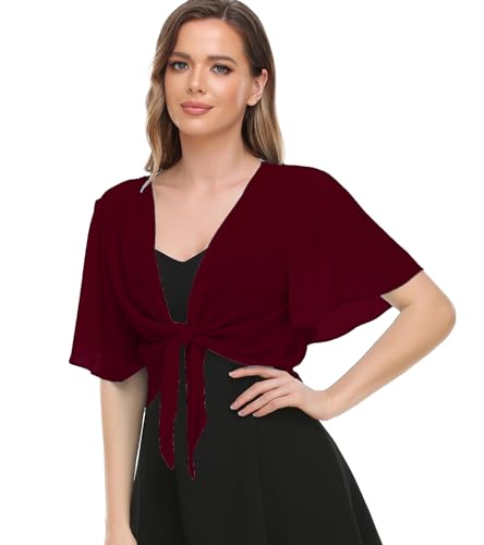 Image of Womens Shrug Chiffon Shawl Wraps Open Front Tie Top Cardigan for Evening Dress